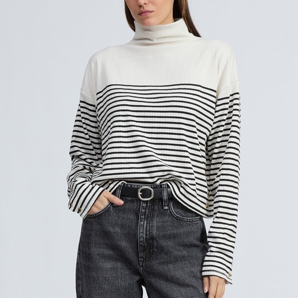 Rag & Bone Fine Knit Jersey Stripe Turtleneck Cowl Neck Long Sleeve Rib Sweater